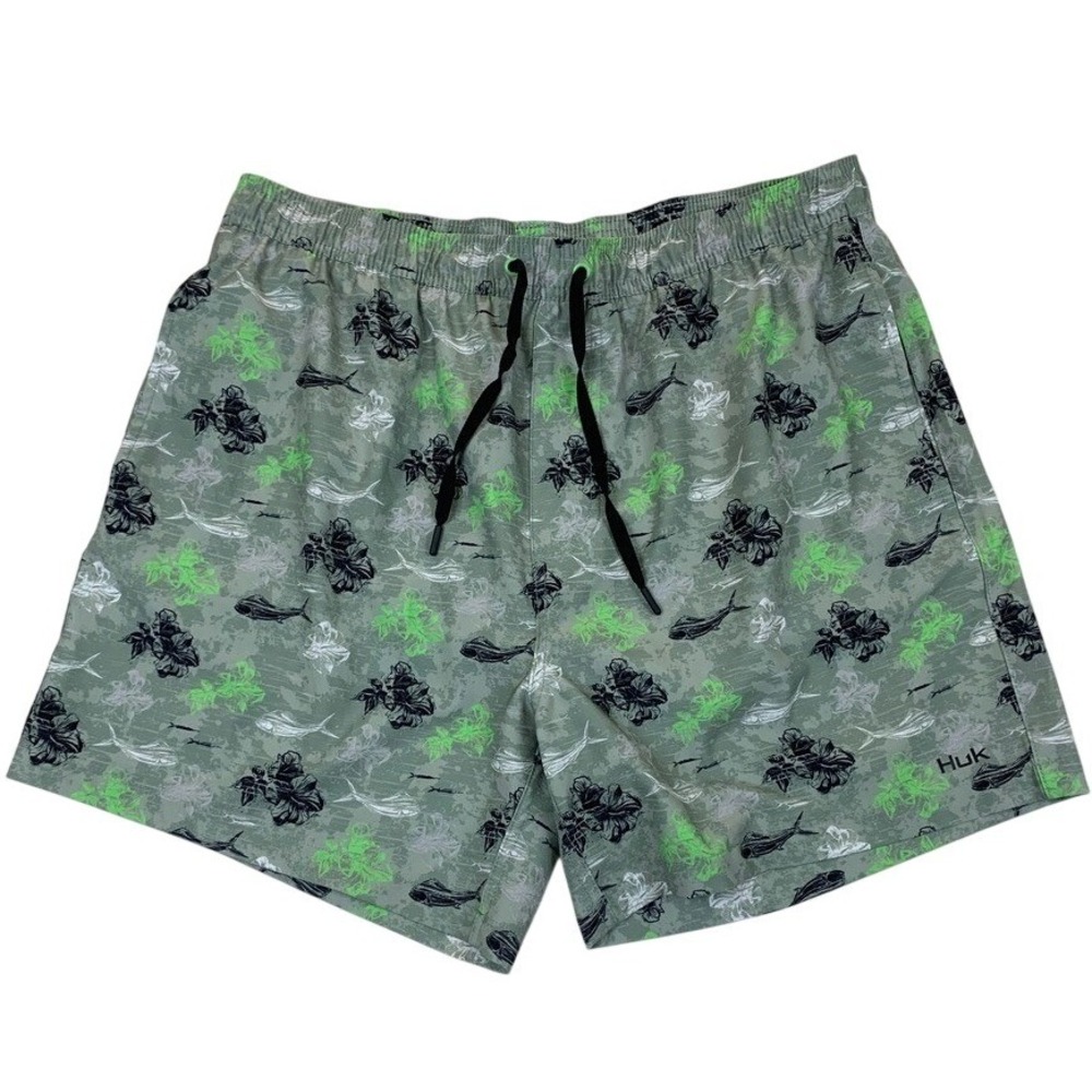 Huk Boardshorts Men XL Green Neon Floral‎ Fish Pursuit Swim Trunks Fishing